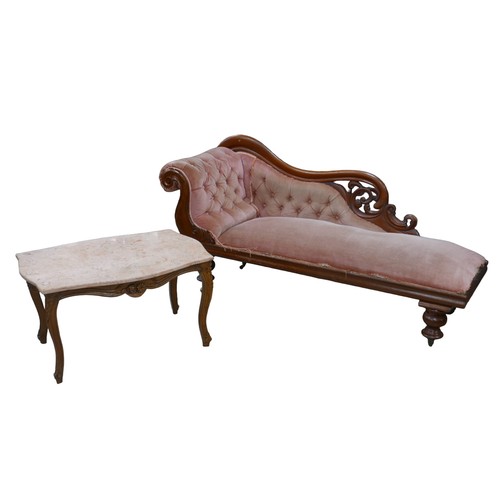 264 - An Edwardian chaise longue, with pale pink button back upholstery and mahogany frame, a/f, 182 by 58... 