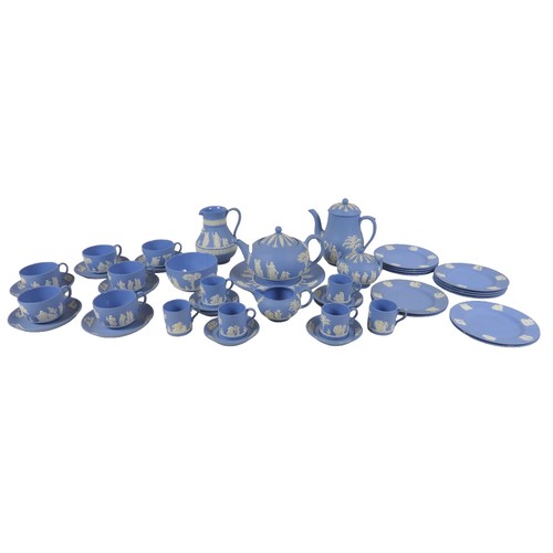 17 - A collection of Wedgwood blue and white Jasperware, comprising six coffee cans and saucers, six teac... 