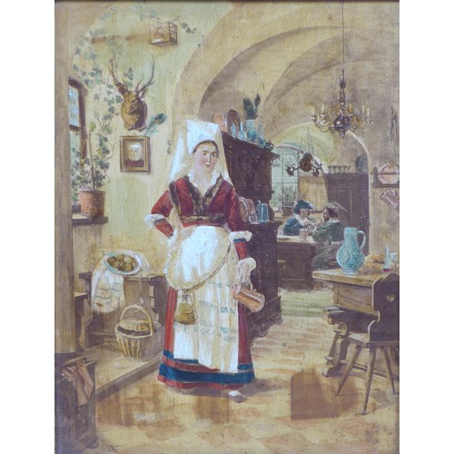 155 - A 19th century, Continental over painted print on panel, depicting a lady in a domestic interior sce... 