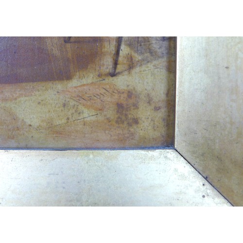 155 - A 19th century, Continental over painted print on panel, depicting a lady in a domestic interior sce... 