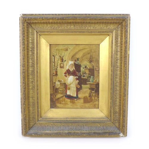 155 - A 19th century, Continental over painted print on panel, depicting a lady in a domestic interior sce... 