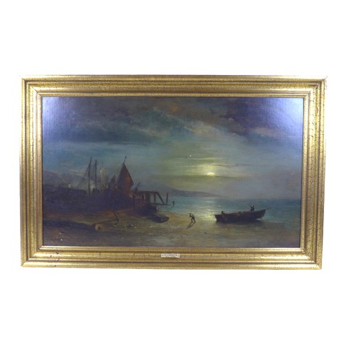 191 - William John Roffe (British, 1845-1880): a moonlight landscape shore scene with boats, oil on canvas... 