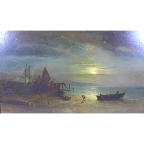 191 - William John Roffe (British, 1845-1880): a moonlight landscape shore scene with boats, oil on canvas... 