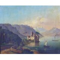 A 19th century 'musical' oil on canvas , depicting a mountainous lake scene, with a castle on a lake... 
