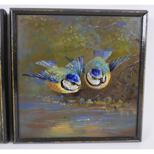 28 - A pair of Edwardian painted tiles, one depicting a kingfisher, the other a pair of blue tits, each s... 