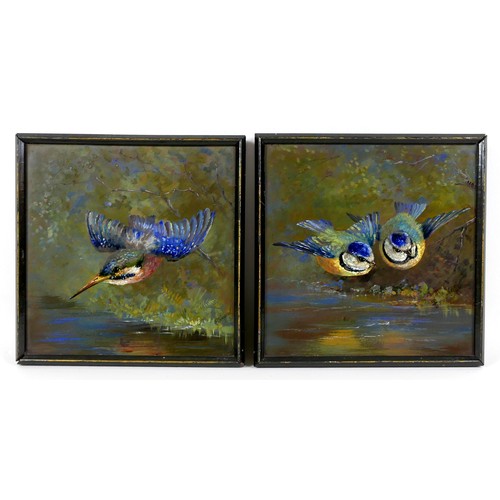 28 - A pair of Edwardian painted tiles, one depicting a kingfisher, the other a pair of blue tits, each s... 