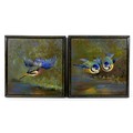 A pair of Edwardian painted tiles, one depicting a kingfisher, the other a pair of blue tits, each s... 