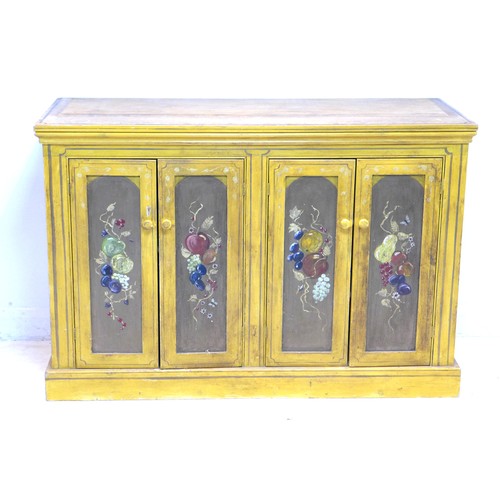 280 - A French 19th century style painted pine cupboard, with two double doors, decorated with fruits agai... 