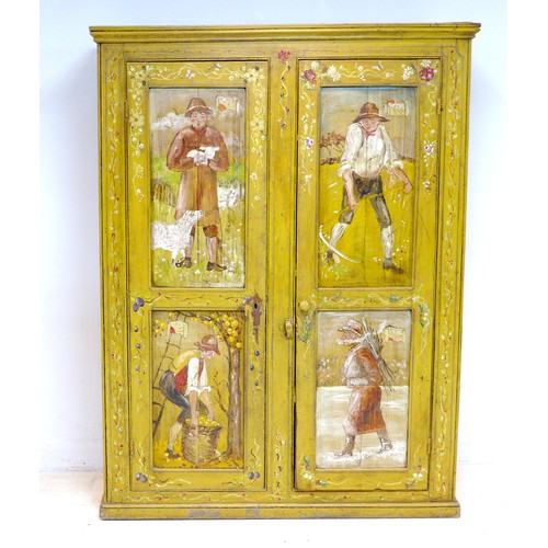 282 - A French 19th century style painted pine tall cupboard, with two doors, enclosing shelves, the panel... 