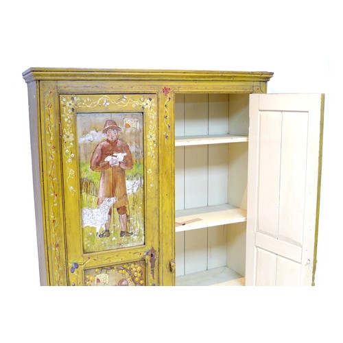 282 - A French 19th century style painted pine tall cupboard, with two doors, enclosing shelves, the panel... 