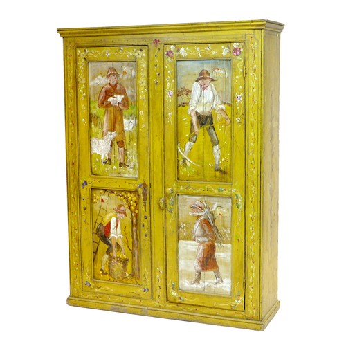 282 - A French 19th century style painted pine tall cupboard, with two doors, enclosing shelves, the panel... 