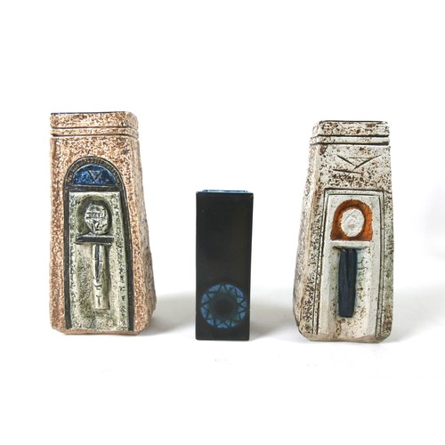 38 - Three pieces of Troika pottery, comprising two Coffin Vases, one signed by Judith Illsley, 17.4cm hi... 
