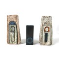 Three pieces of Troika pottery, comprising two Coffin Vases, one signed by Judith Illsley, 17.4cm hi... 