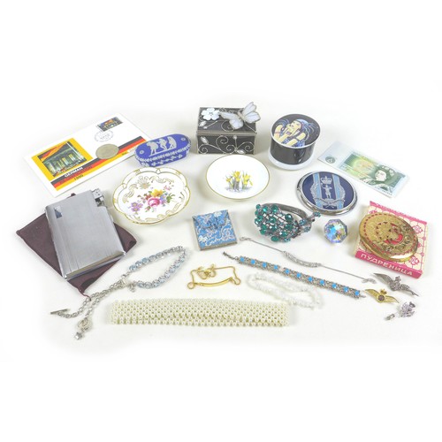 55 - A mixed group of collectables, including costume jewellery, a Russian powder compact, a Polo combina... 
