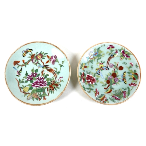 1 - Two early 20th century Chinese Canton porcelain dishes, each with celadon glaze and polychrome ename... 