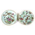 Two early 20th century Chinese Canton porcelain dishes, each with celadon glaze and polychrome ename... 
