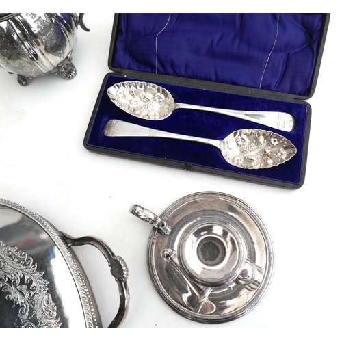 48 - A small group of silver plated items, comprising large kettle and burner stand, a/f damaged, 38cm hi... 