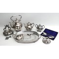 A small group of silver plated items, comprising large kettle and burner stand, a/f damaged, 38cm hi... 
