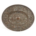 A 19th century French copper and silver plated tray, of oval form with wide rim and high footrim, ca... 