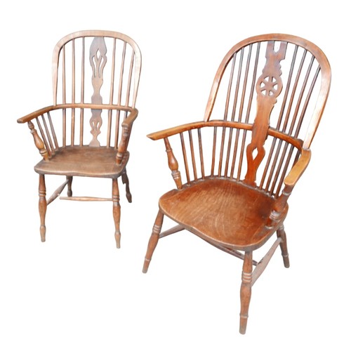 279A - Two 19th century Windsor chairs, both with elm seats, the largest 64 by 63 by 110cm high, the other ... 