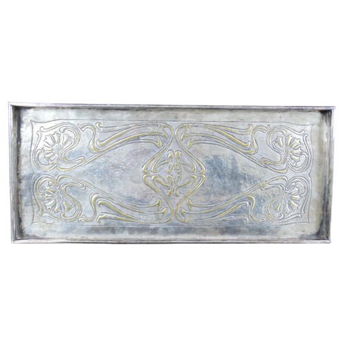 44 - An Art Nouveau Keswick School of Industrial Arts copper inlaid metal tray, of rectangular form with ... 