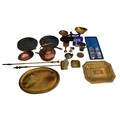 A collection of mixed metal items, including fireside items, kettle, 19cm high, skillets, tray, tank... 