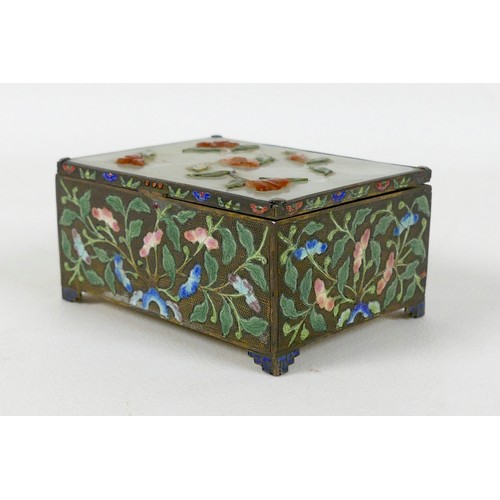 6 - A Chinese gilt metal box, early 20th century, the hinged cover inset with jade and applied hardstone... 