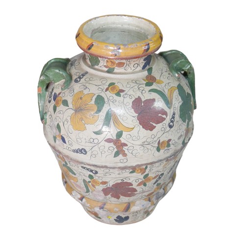 63 - A large mediterranean hand painted terracotta vase, with twin handles, decorated with a fleur de lys... 