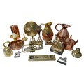 A collection of assorted brass and other metal wares, including a brass figurine of a chimera 'Lion ... 
