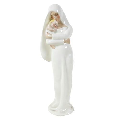 An Italian Art Deco glazed pottery figure, by Lenci, modelled as 'Madonna del Vento', a woman standing dressed in long white robe, cradling her sleeping blonde child, designed by Sandro Vacchetti, black painted factory marks to base, 'Lenci Italy. 10 XIII, 41.5cm high.