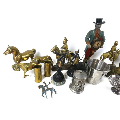 32 - A collection of mixed metal wares, including brass figures of horses and two cavalry door stops, EPN... 