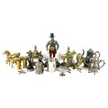 A collection of mixed metal wares, including brass figures of horses and two cavalry door stops, EPN... 