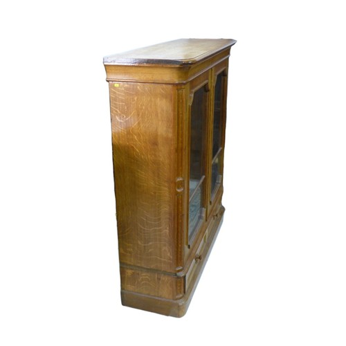 345 - A French late 19th century oak bookcase, twin glazed doors enclosing shelves, over two drawers below... 