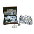 A collection of silver plate, including a canteen of flatware, a tea set with tray, and a sugar sift... 