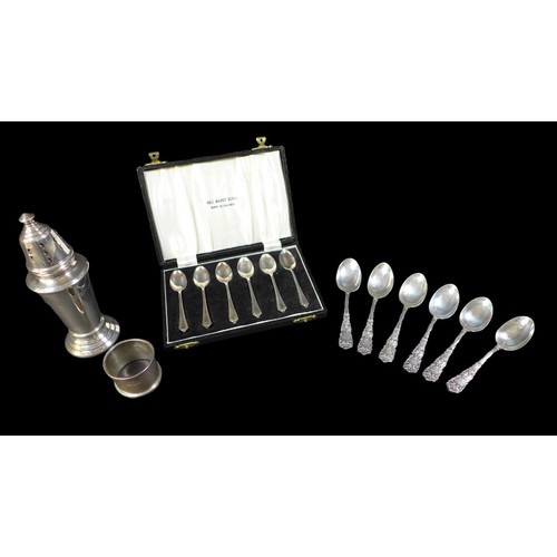14 - A collection of silver, including a sugar sifter with weighted base, cased set of six  teaspoons and... 