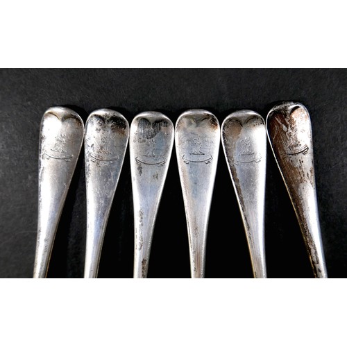 38 - A set of six Victorian silver forks, Old English pattern, terminals engraved with an armorial crest'... 