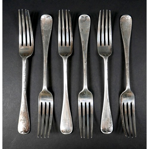 38 - A set of six Victorian silver forks, Old English pattern, terminals engraved with an armorial crest'... 