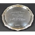 An Irish Elizabeth II silver tray, with Celtic motif encrusted pie crust rim, presentation engraved ... 