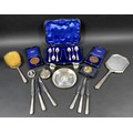 A group of silver and collectables, including a cased set of teaspoons, a coin inset dish, two bottl... 