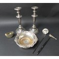A collection of silver and silver plate, including a Victorian silver hip flask cup/base, bearing Ca... 