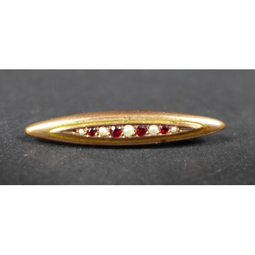 7 - A 9ct gold ruby and seed pearl brooch, 0.9g, 3cm long, together with some silver trinkets, including... 
