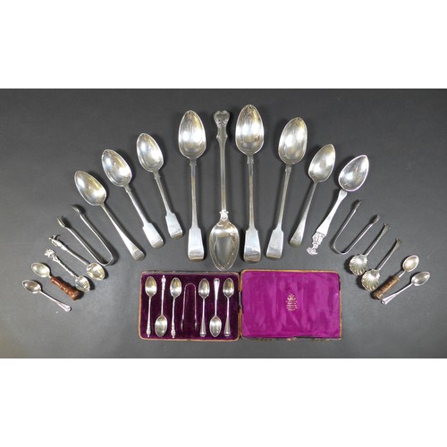 51 - A group of silver and silver plated flatware, including two fiddle pattern basting spoons, 30cm, two... 