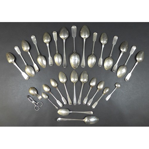 61 - A group of silver flatware, mostly spoons, 22 to 11cm, together with a silver caddy spoon, 8cm, and ... 