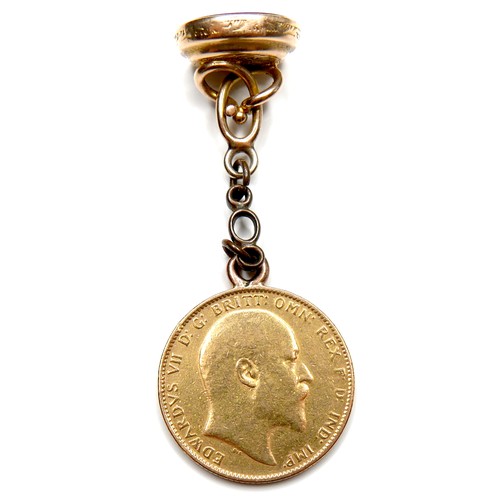 81 - An Edward VII gold sovereign, 1906, Melbourne, Australia mint, with yellow metal chain and fob, inse... 