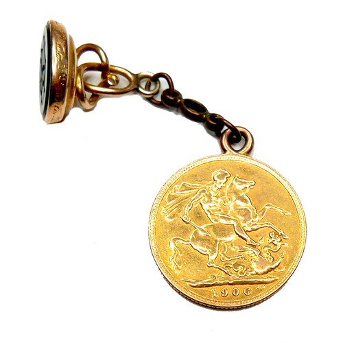 81 - An Edward VII gold sovereign, 1906, Melbourne, Australia mint, with yellow metal chain and fob, inse... 