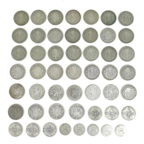 76 - A collection of GB silver coinage, mostly pre 1920, including a half-crowns, florins, and shillings,... 