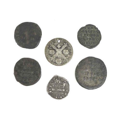 66 - A collection of six 16th century and other coins, including a 1619 Philip III 15 gran Piastra, 3.7g,... 