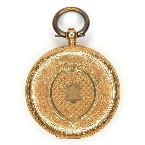 124 - An 18ct gold cased open faced pocket watch, key wound with golden Roman numeral dial, base metal dus... 