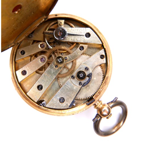 124 - An 18ct gold cased open faced pocket watch, key wound with golden Roman numeral dial, base metal dus... 