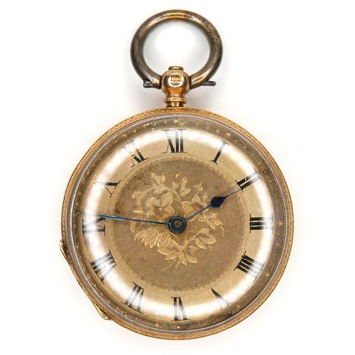 124 - An 18ct gold cased open faced pocket watch, key wound with golden Roman numeral dial, base metal dus... 